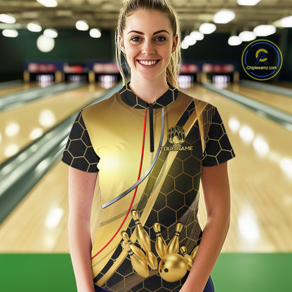 Custom Black and Gold Bowling Polo, Quarter Zip Shirts For Women, Bowling Team League Jersey NQS10346