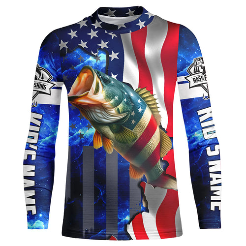 Bass Fishing American Flag patriotic UV protection Custom name long sleeves shirt NQS926