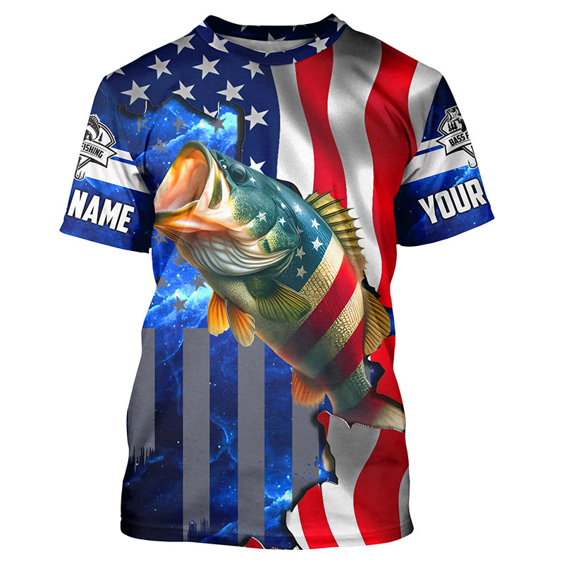 Bass Fishing American Flag patriotic UV protection Custom name long sleeves shirt NQS926