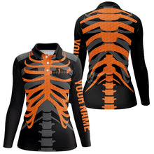 Load image into Gallery viewer, Black and orange Women Golf Polo Shirt custom golf heartbeat Skeleton Halloween golf attire for women NQS8573