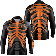 Load image into Gallery viewer, Black and orange Mens golf polo shirts custom golf heartbeat Skeleton Halloween golf attire for men NQS8573