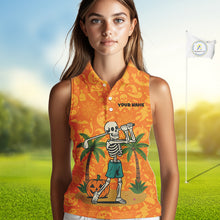 Load image into Gallery viewer, Funny orange Halloween pattern Skull Sleeveless Golf Polo Shirt Custom golf clothes for ladies NQS10769