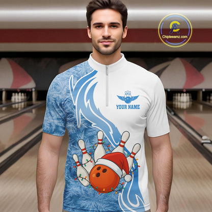 White and Blue Ice pattern Christmas Bowling shirts for men Custom Xmas Team bowling jerseys NQS10967