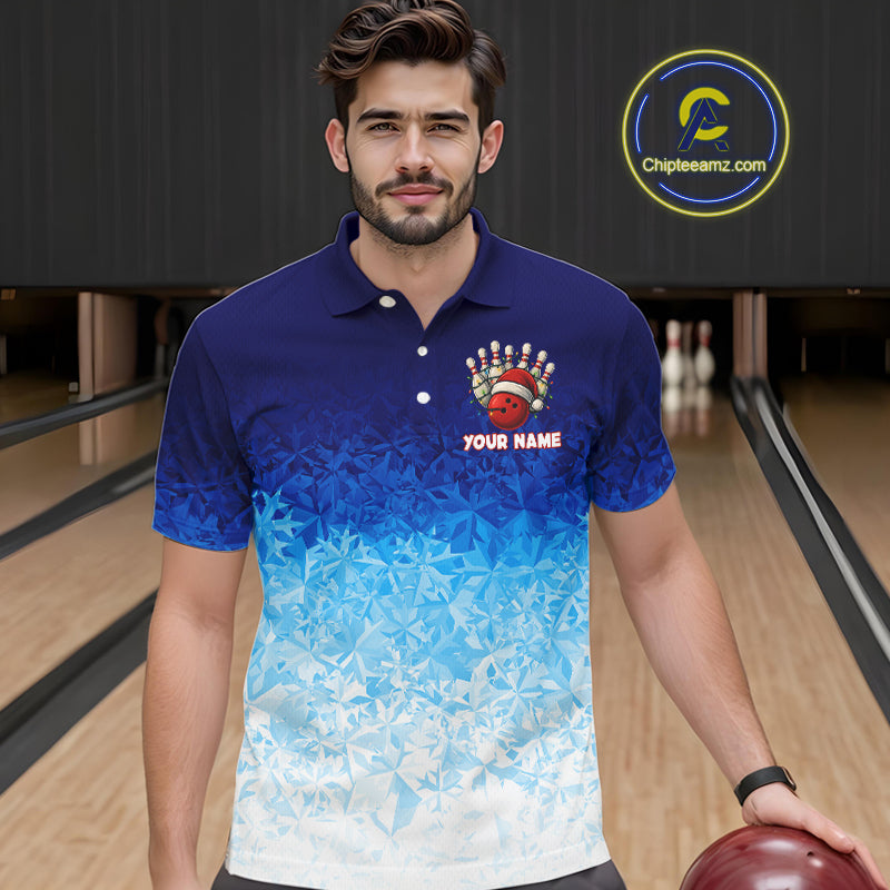 Blue Ice pattern Christmas Team Bowling Polo, Quarter Zip shirts for men Custom Xmas bowling gifts NQS10969