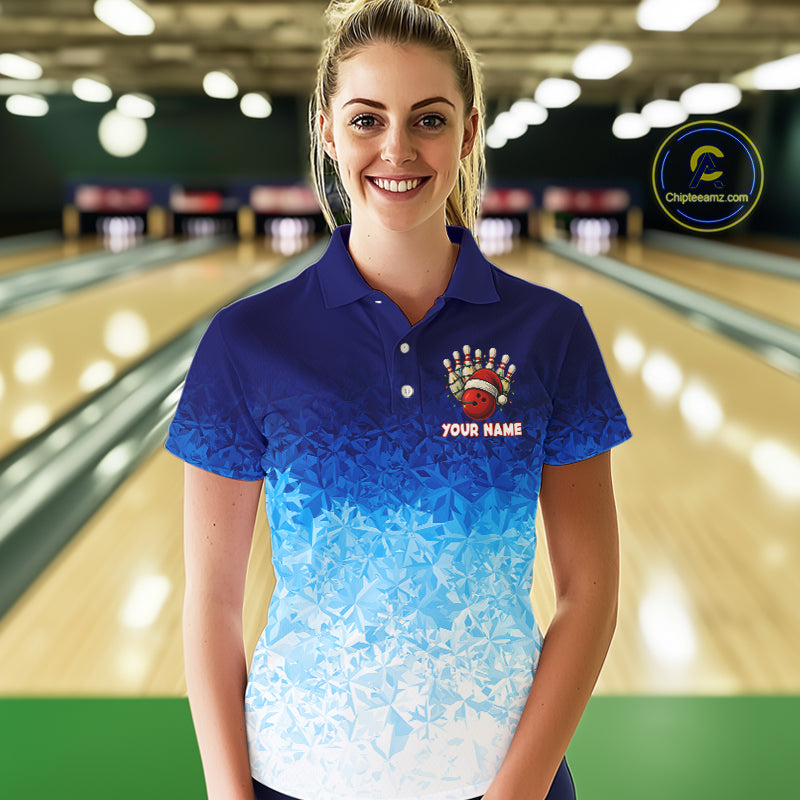 Blue Ice pattern Christmas Team Bowling Polo, Quarter Zip shirts for Women Custom Xmas bowling gifts NQS10969