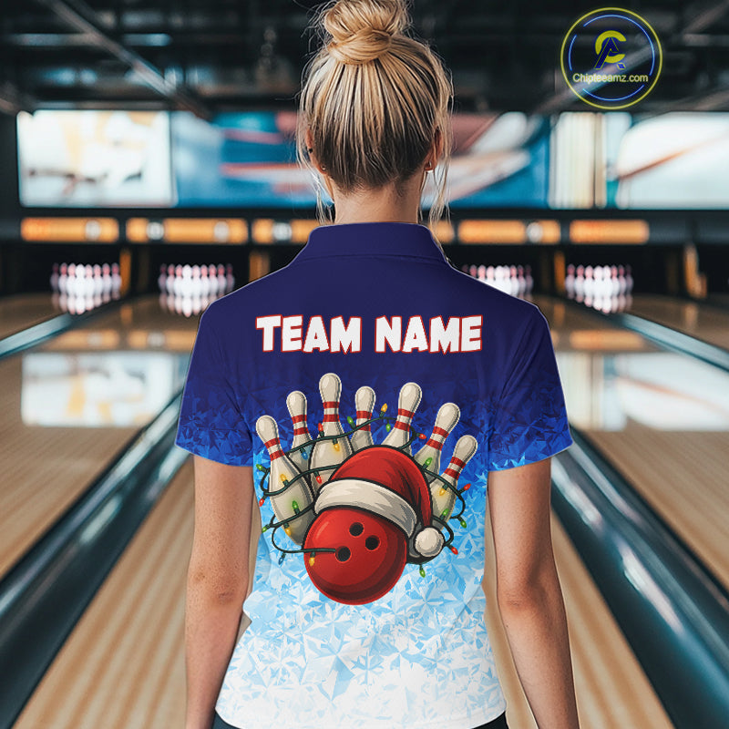 Blue Ice pattern Christmas Team Bowling Polo, Quarter Zip shirts for Women Custom Xmas bowling gifts NQS10969