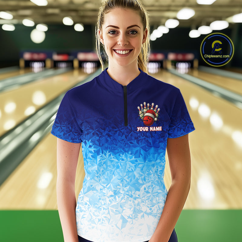 Blue Ice pattern Christmas Team Bowling Polo, Quarter Zip shirts for Women Custom Xmas bowling gifts NQS10969