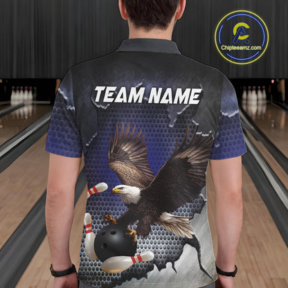 Eagle Bowling Polo, Quarter Zip Shirts for Men Custom Team Bowling jerseys, gift for bowlers | Blue NQS10972