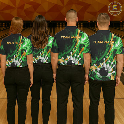 Personalized Bowling Polo, Quarter Zip Shirts for Women Custom Green Flame & Gold Bowling Team Jersey NQS11145