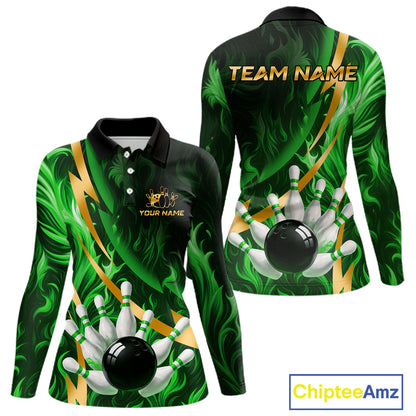 Personalized Bowling Polo, Quarter Zip Shirts for Women Custom Green Flame & Gold Bowling Team Jersey NQS11145