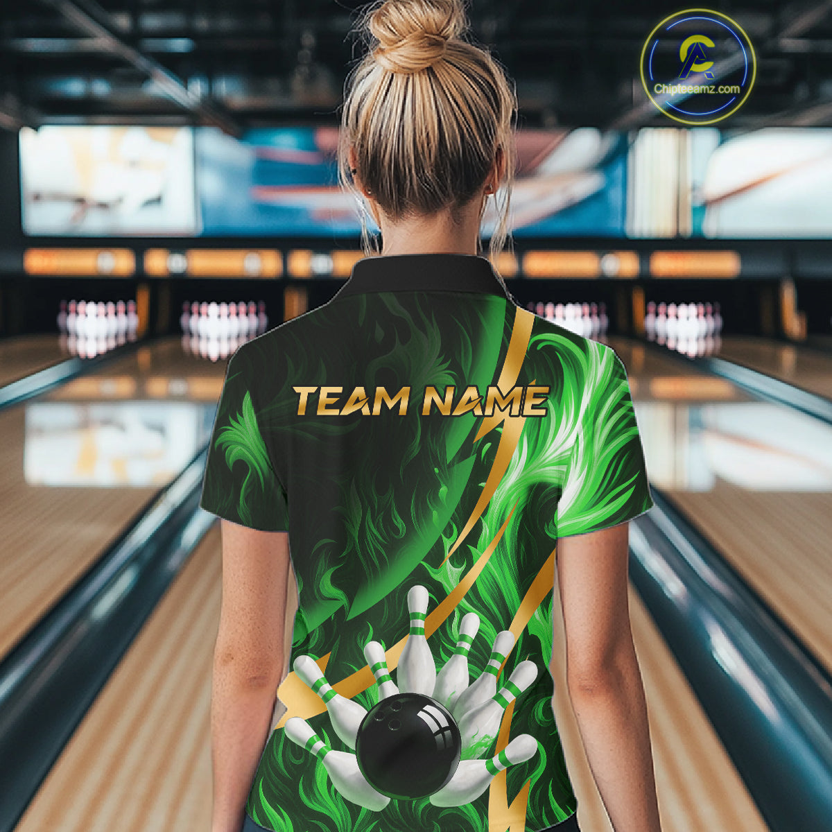 Personalized Bowling Polo, Quarter Zip Shirts for Women Custom Green Flame & Gold Bowling Team Jersey NQS11145