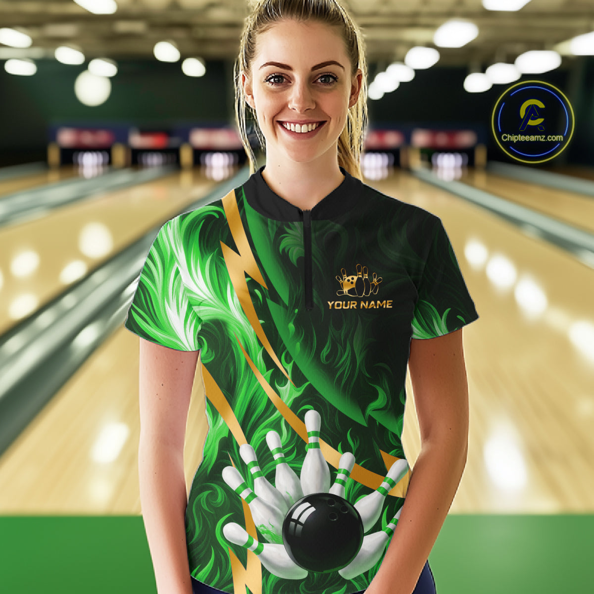 Personalized Bowling Polo, Quarter Zip Shirts for Women Custom Green Flame & Gold Bowling Team Jersey NQS11145