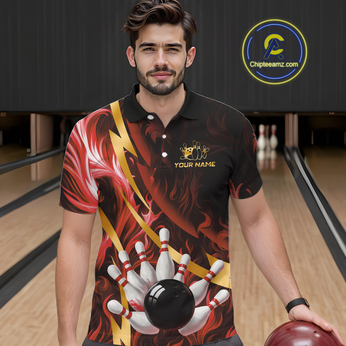 Personalized Bowling Polo, Quarter Zip Shirts for Men Custom Red Flame and Gold Bowling Team Jersey NQS11146