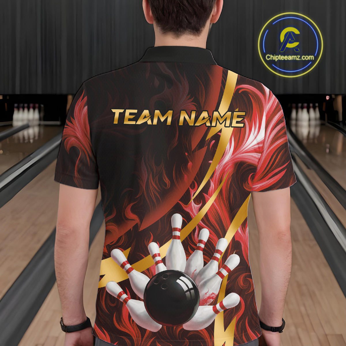 Personalized Bowling Polo, Quarter Zip Shirts for Men Custom Red Flame and Gold Bowling Team Jersey NQS11146