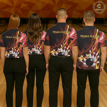 Personalized Bowling Polo, Quarter Zip Shirts for Men Custom Red Flame and Gold Bowling Team Jersey NQS11146