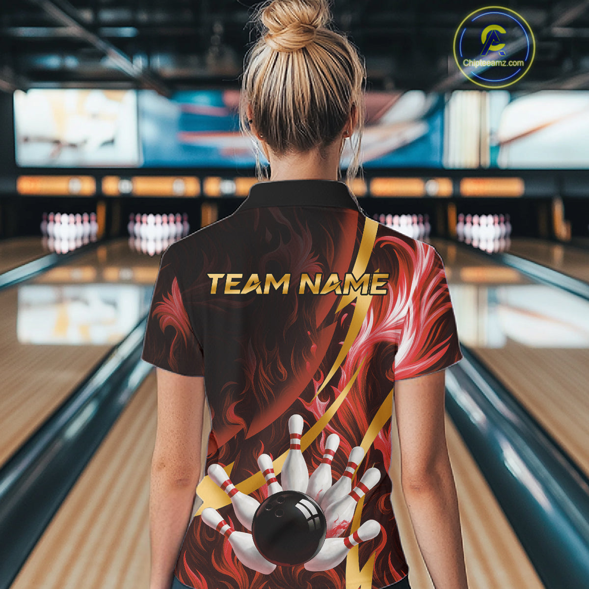 Personalized Bowling Polo, Quarter Zip Shirts for Women Custom Red Flame & Gold Bowling Team Jersey NQS11146
