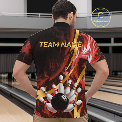 Personalized Bowling Polo, Quarter Zip Shirts for Men Custom Red Flame and Gold Bowling Team Jersey NQS11146