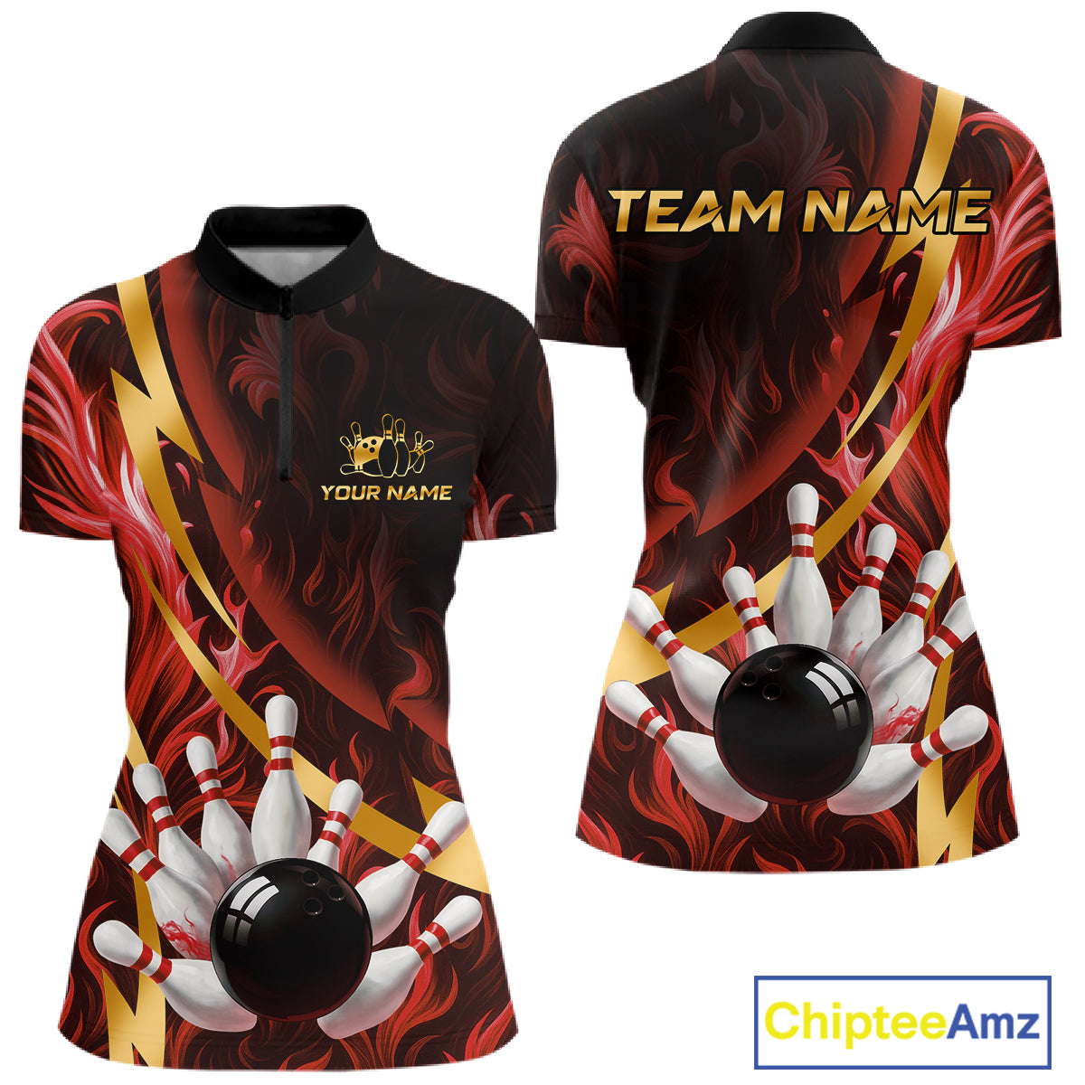 Personalized Bowling Polo, Quarter Zip Shirts for Women Custom Red Flame & Gold Bowling Team Jersey NQS11146