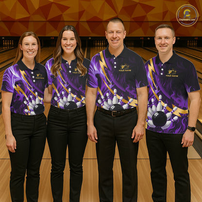 Personalized Bowling Polo, Quarter Zip Shirt for Men Custom Purple Flame and Gold Bowling Team Jersey NQS11147