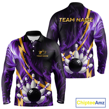 Personalized Bowling Polo, Quarter Zip Shirt for Men Custom Purple Flame and Gold Bowling Team Jersey NQS11147