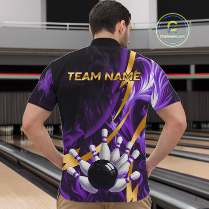 Personalized Bowling Polo, Quarter Zip Shirt for Men Custom Purple Flame and Gold Bowling Team Jersey NQS11147