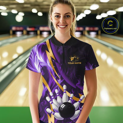 Personalized Bowling Polo, Quarter Zip Shirt for Women Custom Purple Flame & Gold Bowling Team Jersey NQS11147