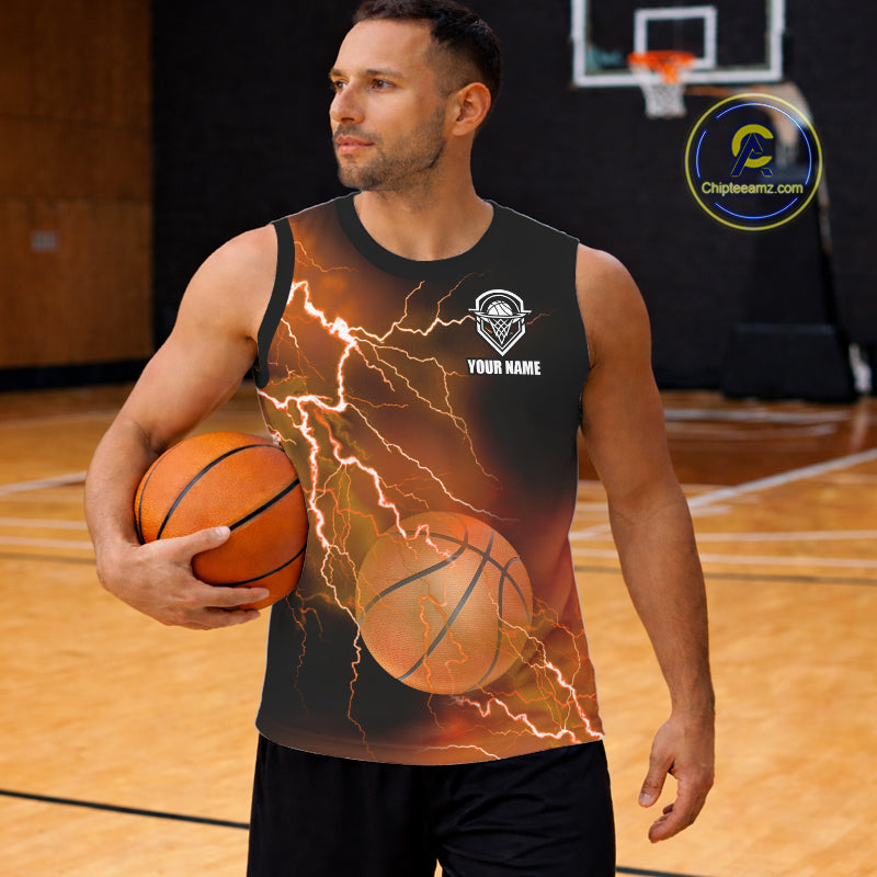 Custom orange lightning thunder Basketball Team Jersey, personalized All Over Print Basketball Shirts NQS11354