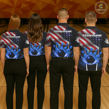 Personalized American Flag Bowling Team Shirts For Men, Black and Blue Patriotic Bowling Gifts NQS11357