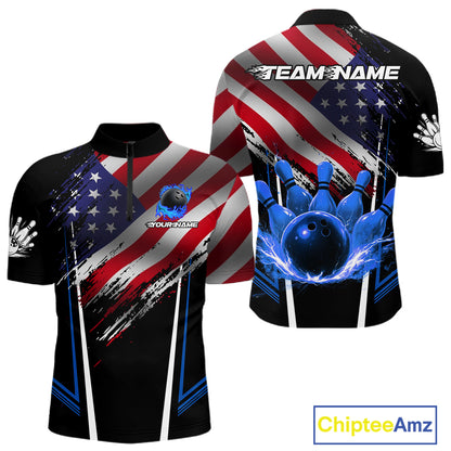 Personalized American Flag Bowling Team Shirts For Men, Black and Blue Patriotic Bowling Gifts NQS11357