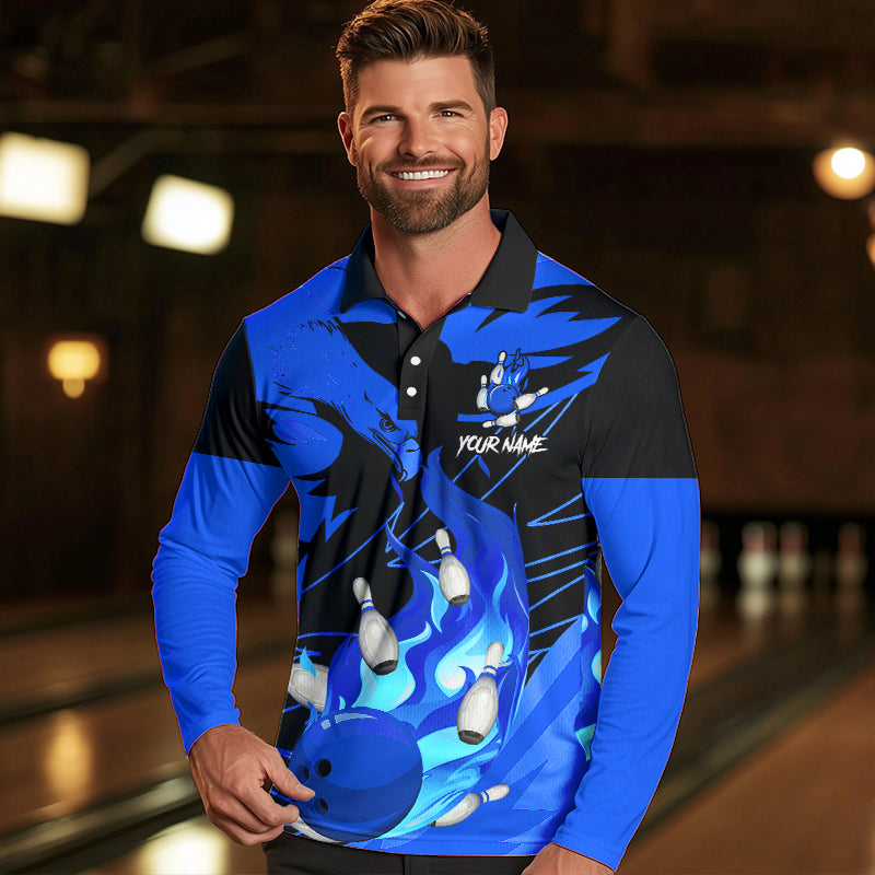 Eagle flame bowling ball and pins custom Mens Bowling Shirts, team bowling jerseys | Blue NQS9616