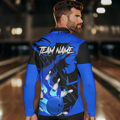 Eagle flame bowling ball and pins custom Mens Bowling Shirts, team bowling jerseys | Blue NQS9616
