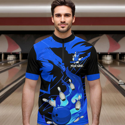 Eagle flame bowling ball and pins custom Mens Bowling Shirts, team bowling jerseys | Blue NQS9616