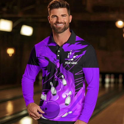 Eagle flame bowling ball and pins custom Mens Bowling Shirts, team bowling jerseys | Purple NQS9617