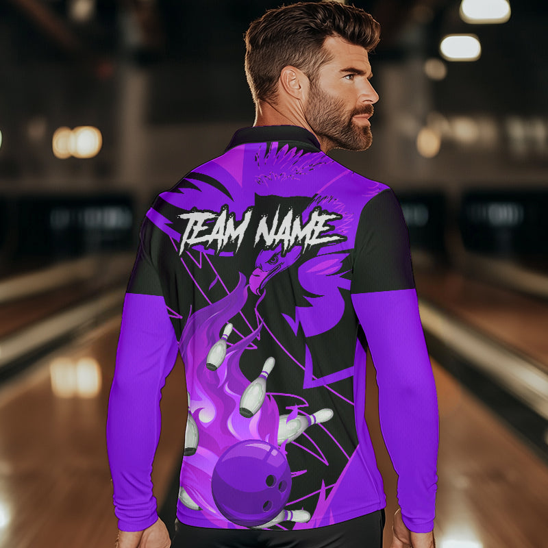 Eagle flame bowling ball and pins custom Mens Bowling Shirts, team bowling jerseys | Purple NQS9617