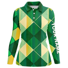 Load image into Gallery viewer, Green yellow argyle plaid pattern Womens golf polo shirts custom ladies golf shirts, green golf tops NQS7372
