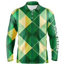 Load image into Gallery viewer, Green yellow argyle plaid pattern Mens golf polo shirts custom mens golf shirts, green golf tops NQS7372