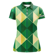 Load image into Gallery viewer, Green yellow argyle plaid pattern Womens golf polo shirts custom ladies golf shirts, green golf tops NQS7372