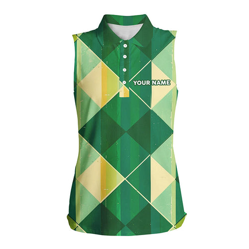 Green yellow argyle plaid pattern womens sleeveless golf tops custom ladies golf shirts NQS7372