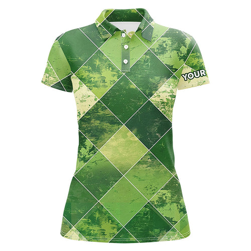 Green argyle plaid pattern Womens golf polo shirts custom ladies golf apparel, green golf tops NQS7373