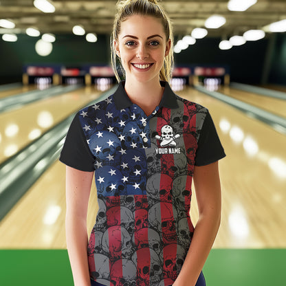 American Flag Skull Camo Bowling Shirt For Women Custom patriotic Team Jersey bowling attire for Women NQS9790