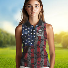 Load image into Gallery viewer, American Flag Skull Camo womens golf shirts sleeveless Custom patriotic golf team women&#39;s golf tanks NQS9791