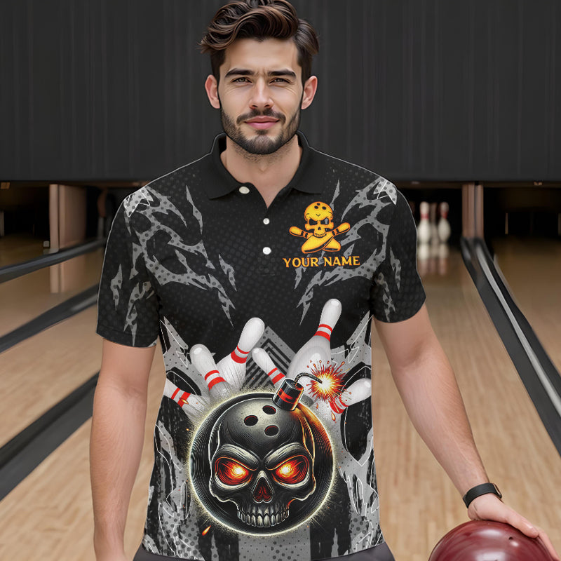 Funny Black and Gray Camo Bowling Shirt For Men Custom Skull Bowling Bomb Team bowling attire for men NQS9792