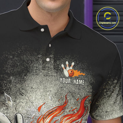 Funny Flame Skull Bowling Ball and Pins Retro Black Bowling Shirt For Men Custom Bowling Team Jersey NQS9794