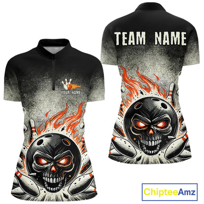 Funny Flame Skull Bowling Ball and Pins Retro Black Bowling Shirt For Women Custom Bowling Team Jersey NQS9794