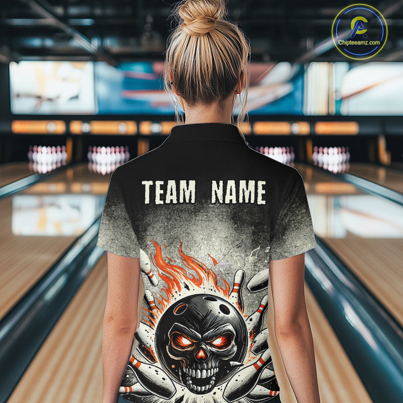 Funny Flame Skull Bowling Ball and Pins Retro Black Bowling Shirt For Women Custom Bowling Team Jersey NQS9794