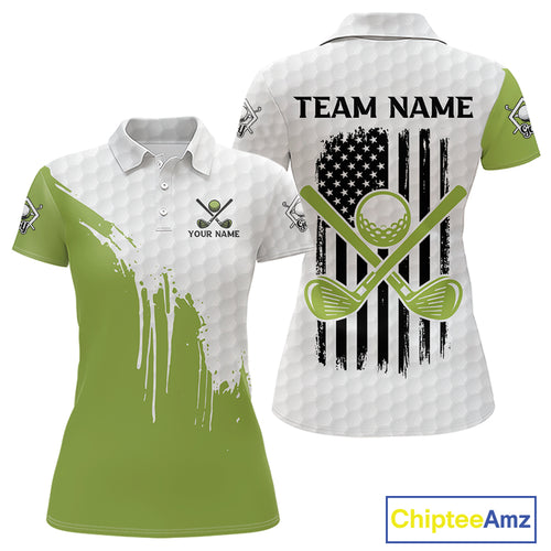 Green and White American Flag Golf Polo shirt for Women Custom patriotic golf team uniform outfit NQS9796