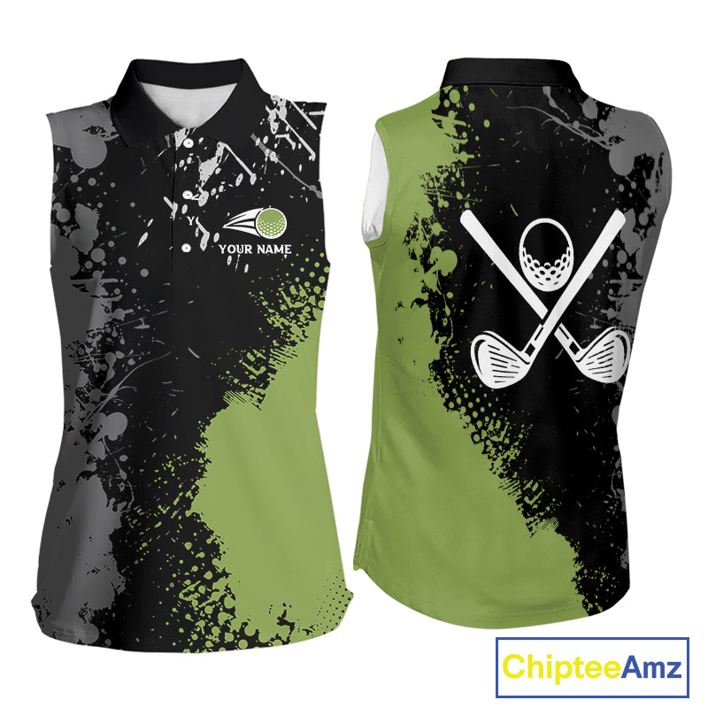Black and Green Camo Sleeveless Golf Polo shirt for Women Custom golf team uniform golf outfit NQS9797