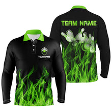 Load image into Gallery viewer, Personalized Men polo Bowling Shirt Green Flame Bowling Ball and Pins bowling jerseys for men Bowler NQS6034