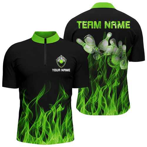 Personalized Men Quarter Zip Bowling Shirt Green Flame Bowling Ball & Pins bowling jerseys for Bowler NQS6034