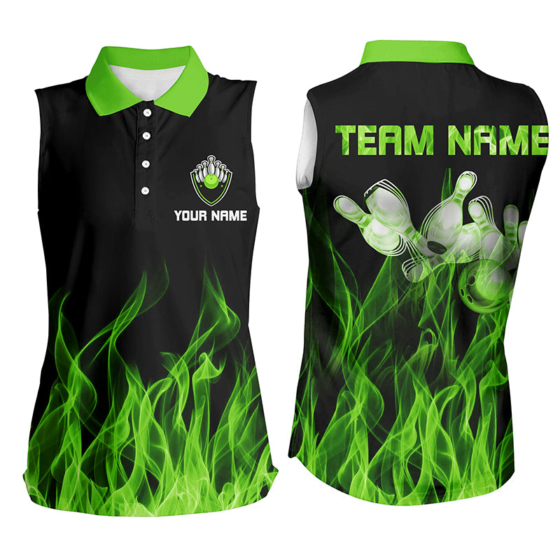 Personalized Women sleeveless polo shirts Green Flame Bowling Ball and Pins bowling jerseys for Bowler NQS6034